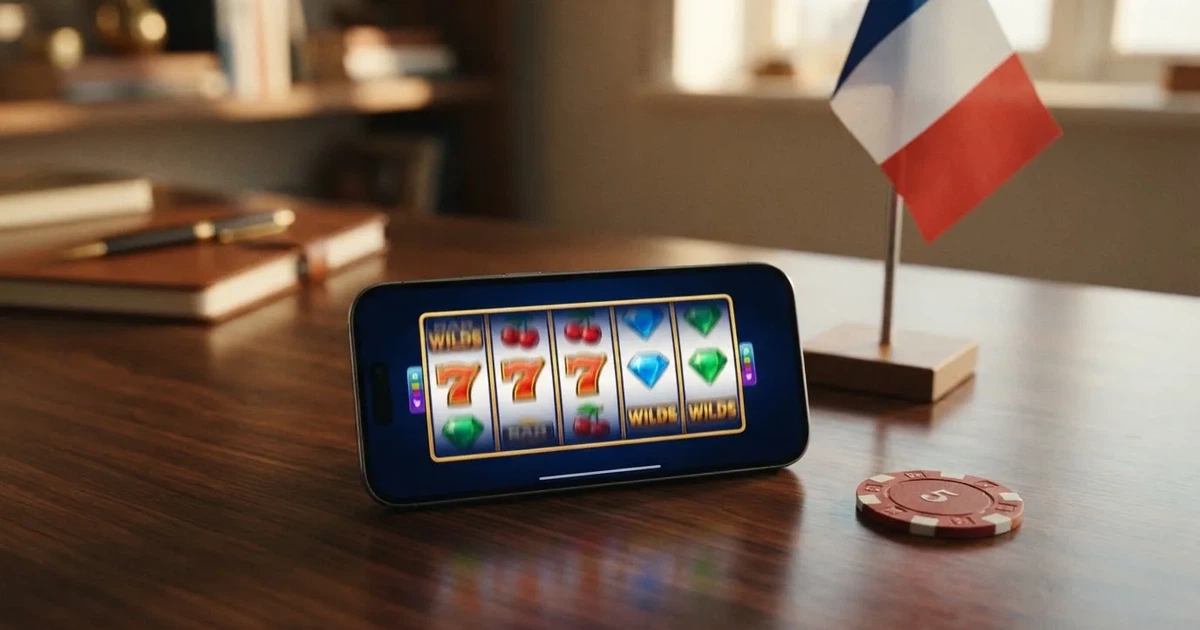 Symbole de la réglementation française des jeux d'argent en ligne, avec un drapeau français en arrière-plan, sans marque de casino visible