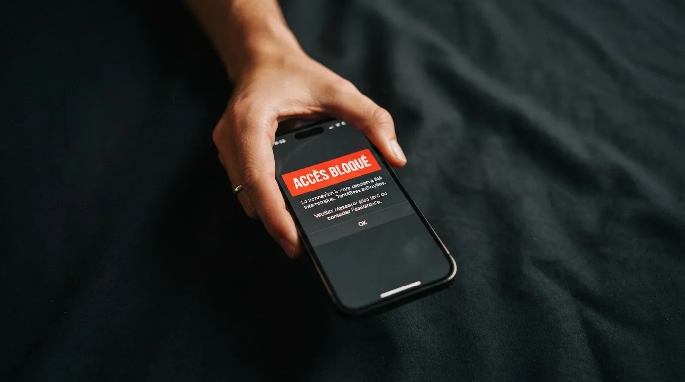 Main tenant un smartphone affichant un message d'avertissement d'accès bloqué