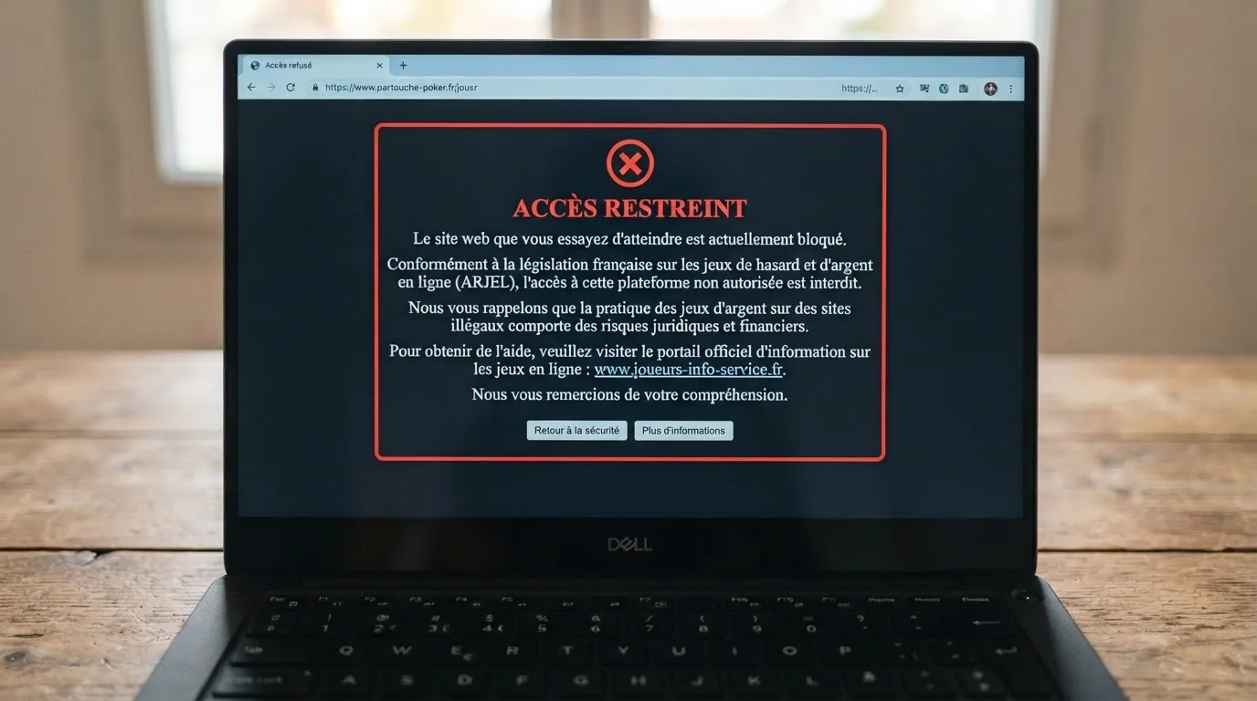 Page d'un navigateur affichant un message d'accès bloqué à un site de jeu, symbolisant le blocage administratif
