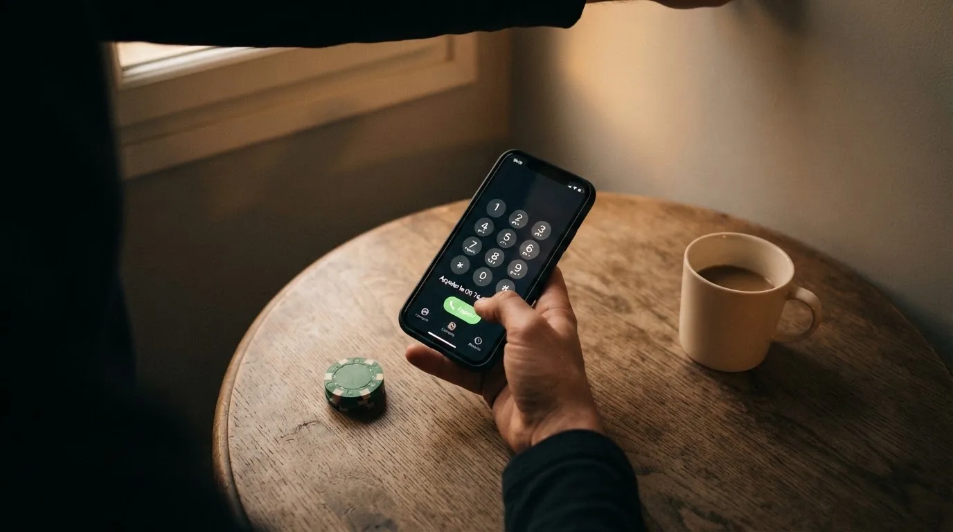 Une personne compose sur son smartphone le numéro d'un service d'aide et d'écoute pour joueurs en difficulté.