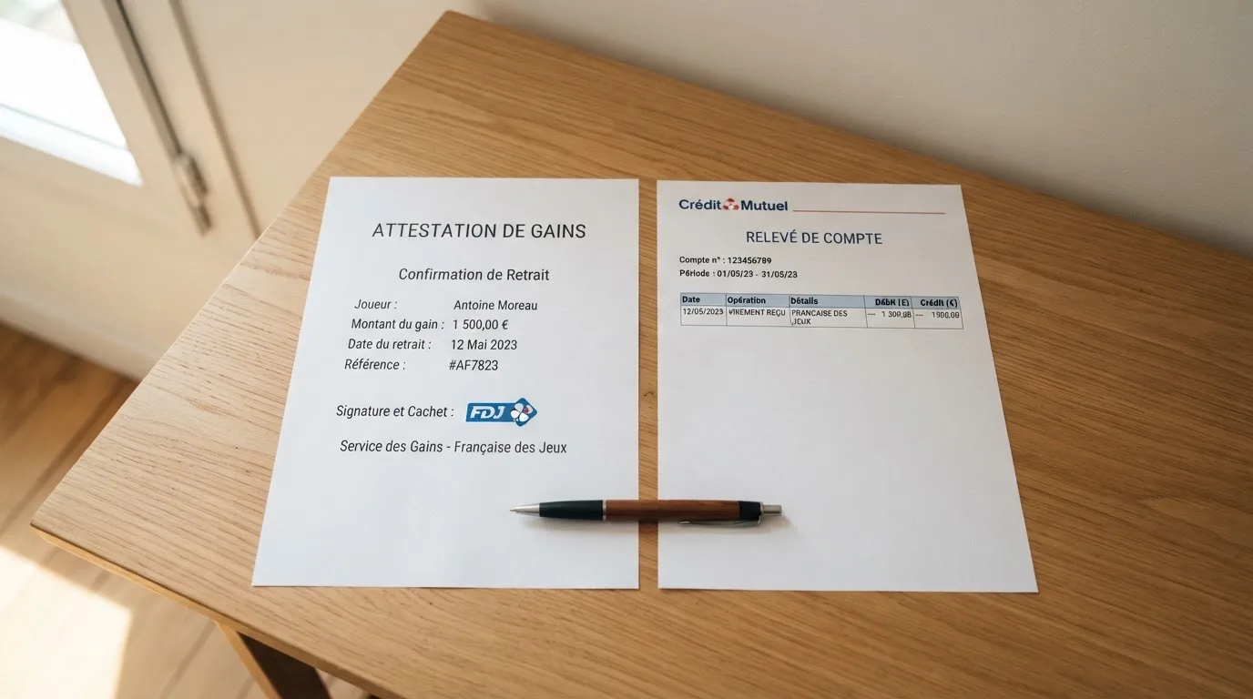 Document d'attestation de gain posé à côté d'un relevé bancaire sur un bureau