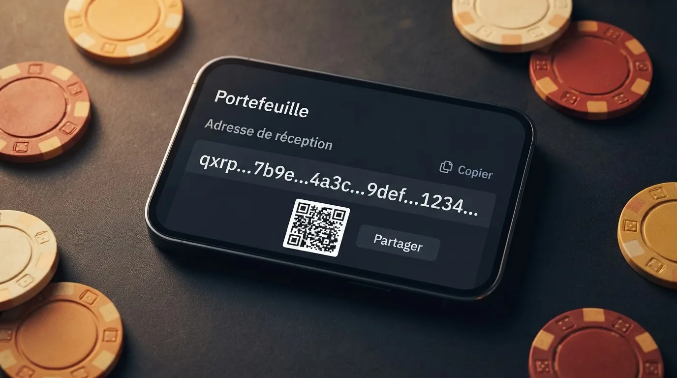 Gros plan sur une application de portefeuille crypto affichant une adresse Bitcoin Cash au format CashAddr commençant par la lettre q, sur fond de pièces BCH.