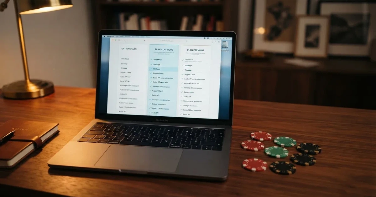 Écran d'ordinateur affichant un tableau comparatif de plateformes de casino en ligne acceptant le Bitcoin Cash, avec des pièces de cryptomonnaie posées à côté du clavier.