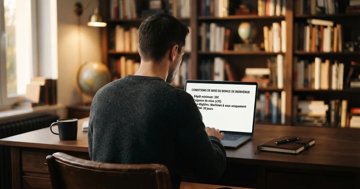 Écran d'un joueur consultant les conditions de mise d'une offre de bienvenue sur un ordinateur portable