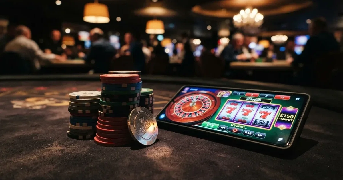 Pièces physiques et jeton numérique Cardano (ADA) posés à côté d'un écran affichant un casino en ligne
