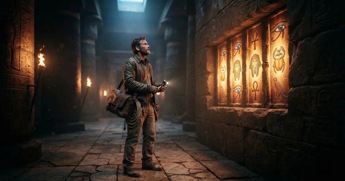 Rich Wilde, l'explorateur-archéologue, dans un temple égyptien sur les rouleaux de la machine à sous Book of Dead
