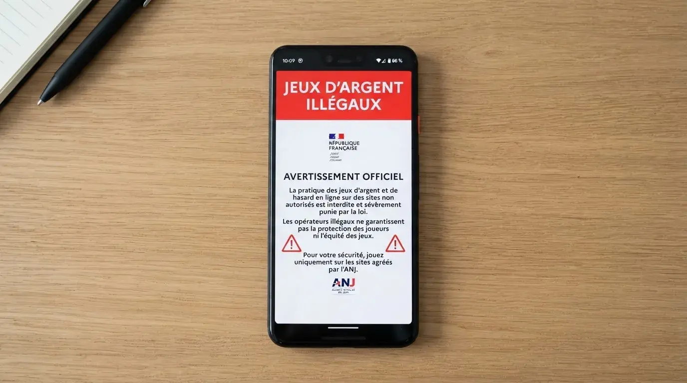 Écran de smartphone affichant un avertissement officiel sur les jeux d'argent illégaux en ligne en France