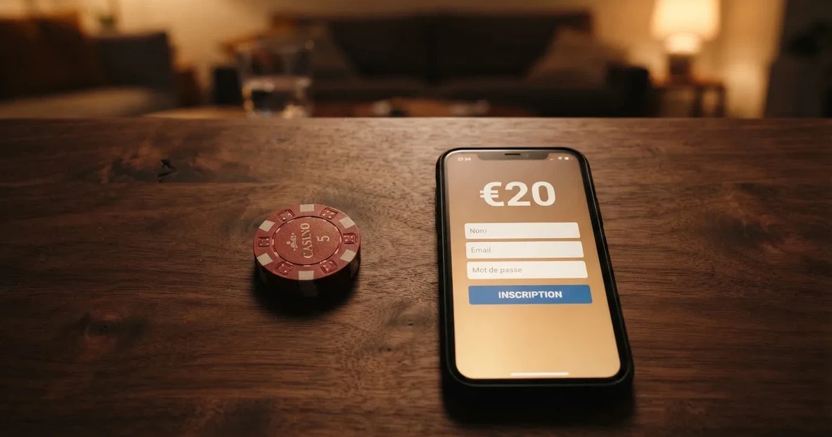 A hand placing a twenty-euro note next to a smartphone showing an online gambling sign-up screen
