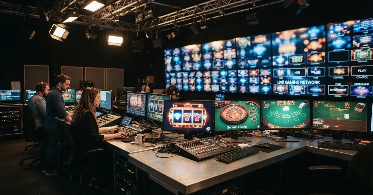 a games-technology supplier's logo wall shown behind a row of casino monitors in a broadcast studio, no brand names visible