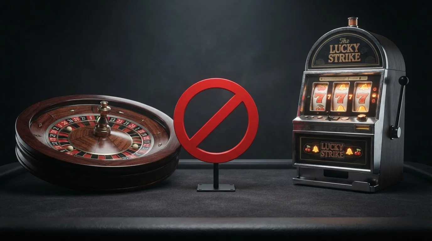 pictogramme d'interdiction superposé à une roulette et des machines à sous, illustrant l'interdiction du casino en ligne en France