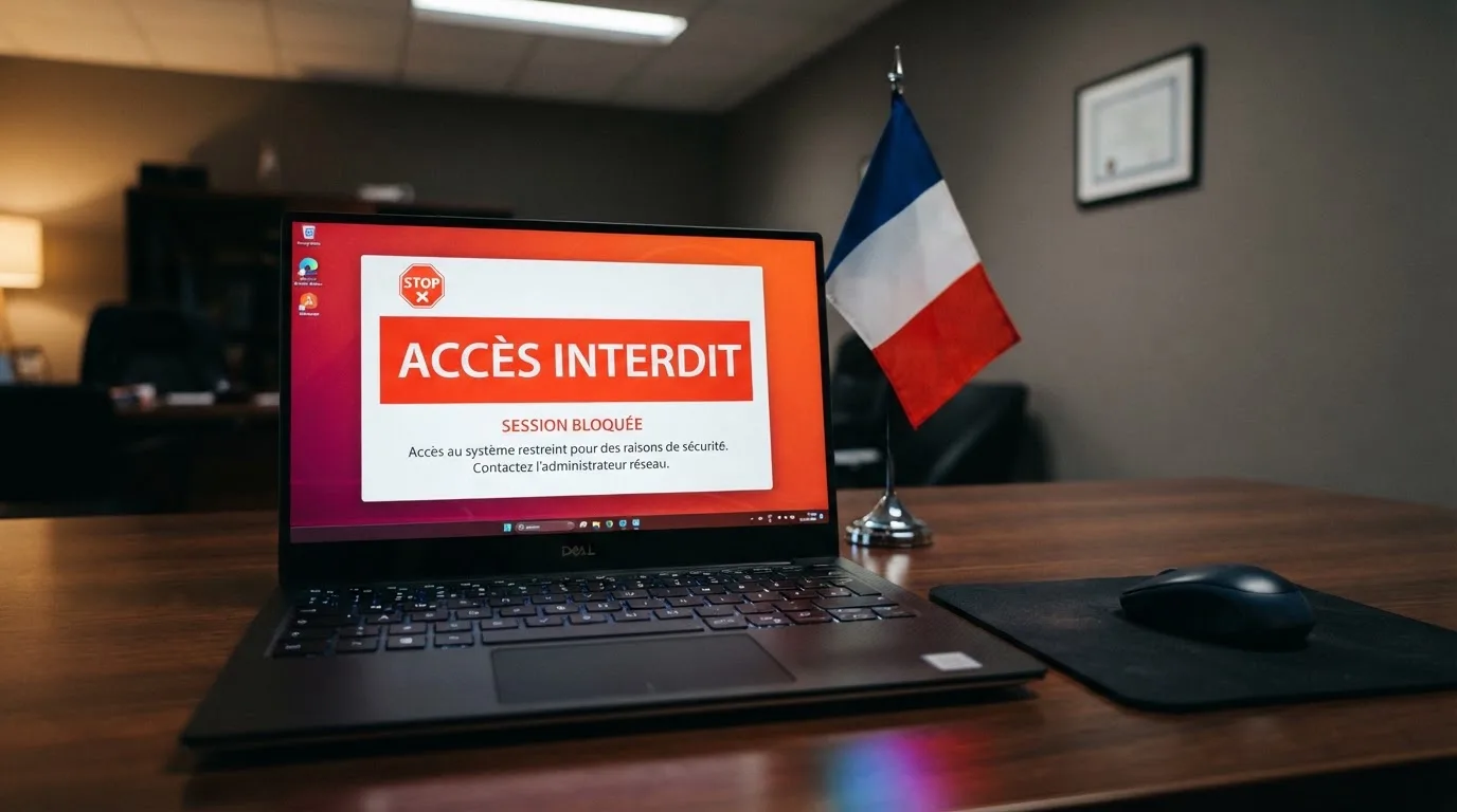 Un écran d'ordinateur affiche un message d'accès bloqué à un site de jeux d'argent non autorisé, sur fond de drapeau français stylisé.