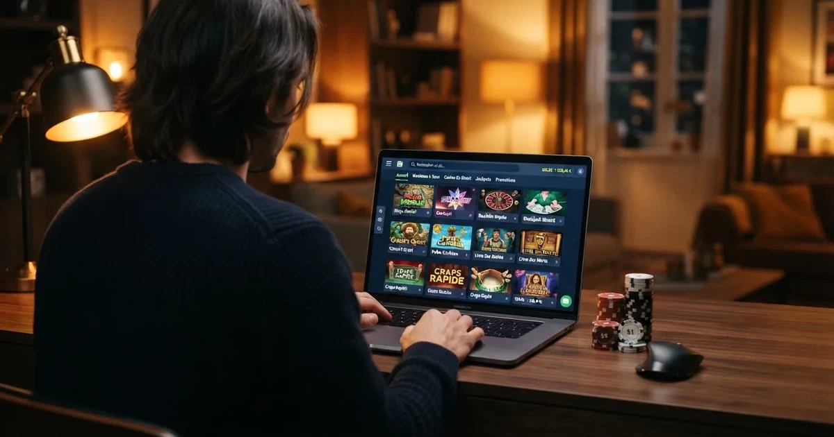 Écran d'accueil d'une plateforme de jeux de casino en ligne avec une grille de jeux