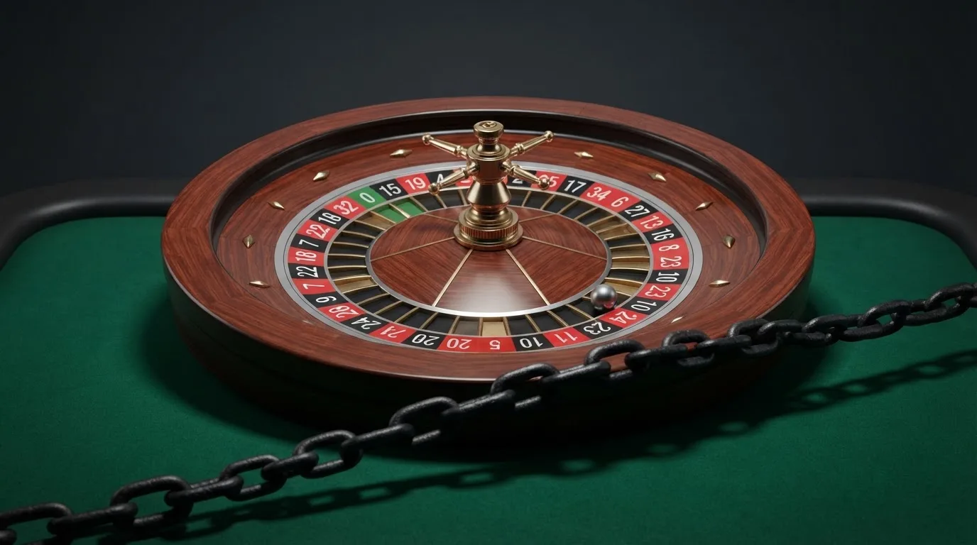 Le logo de l'Autorité nationale des jeux (ANJ) associé à un symbole d'interdiction sur fond de roulette de casino.