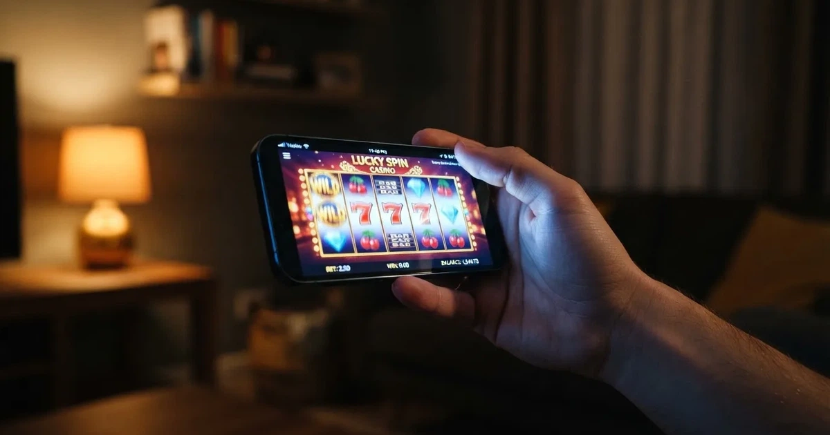main téléphone affichant une interface de casino mobile en cours de chargement