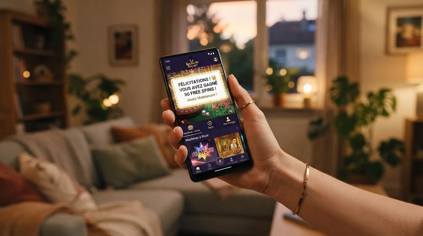 Écran de smartphone affichant l'interface mobile d'un casino en ligne avec une notification de tours gratuits