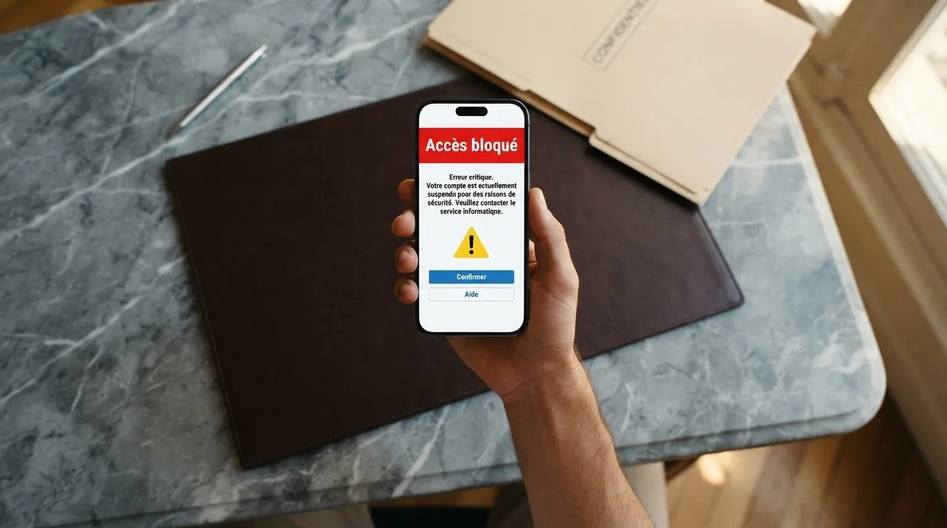 Main tenant un smartphone affichant un écran de blocage de site avec un message d'avertissement rouge, dans un décor évoquant un bureau administratif français.