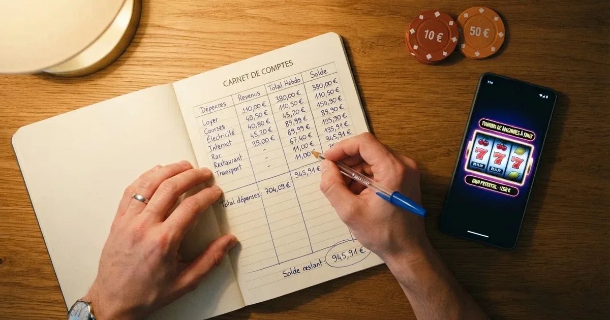 Une calculatrice et une déclaration de revenus française posées à côté d'un écran affichant un jeu de casino en ligne