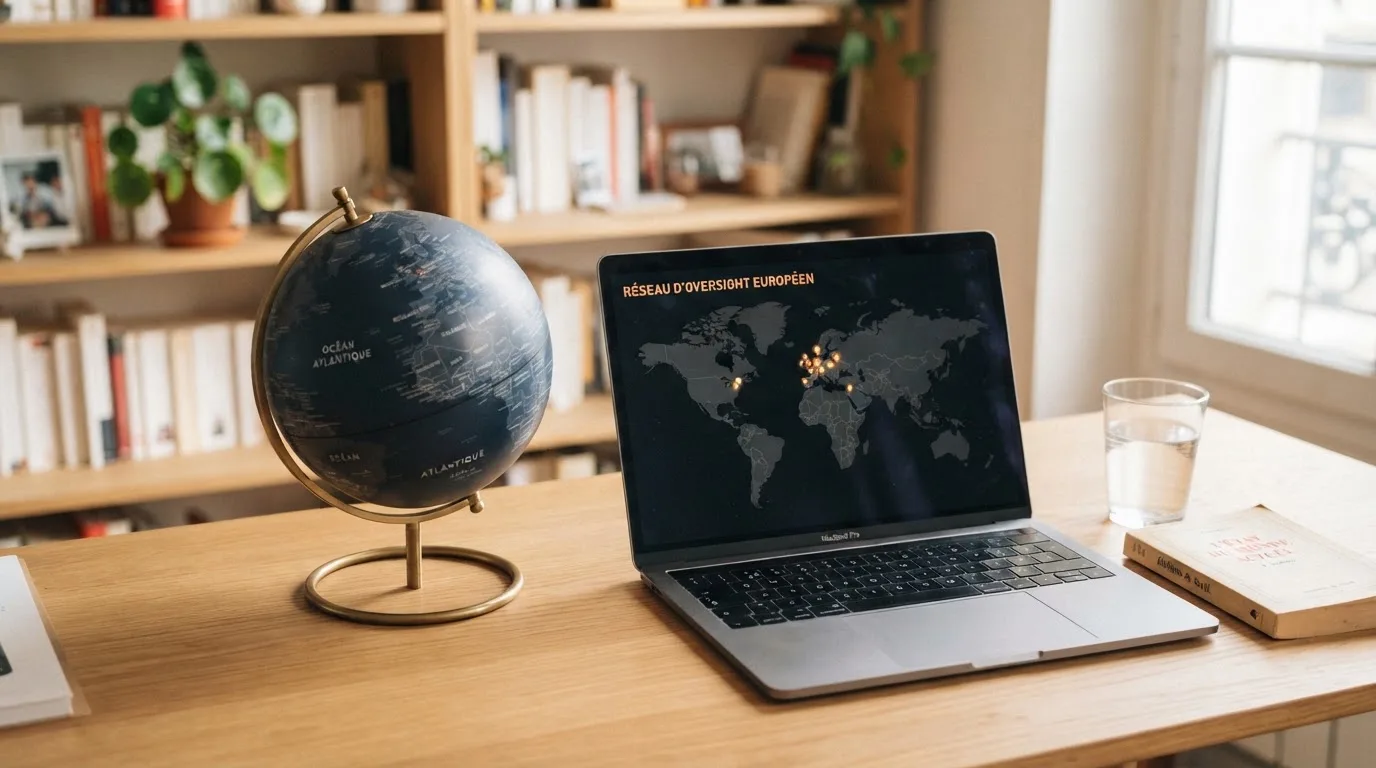 Un globe terrestre posé à côté d'un ordinateur portable affichant une carte du monde.