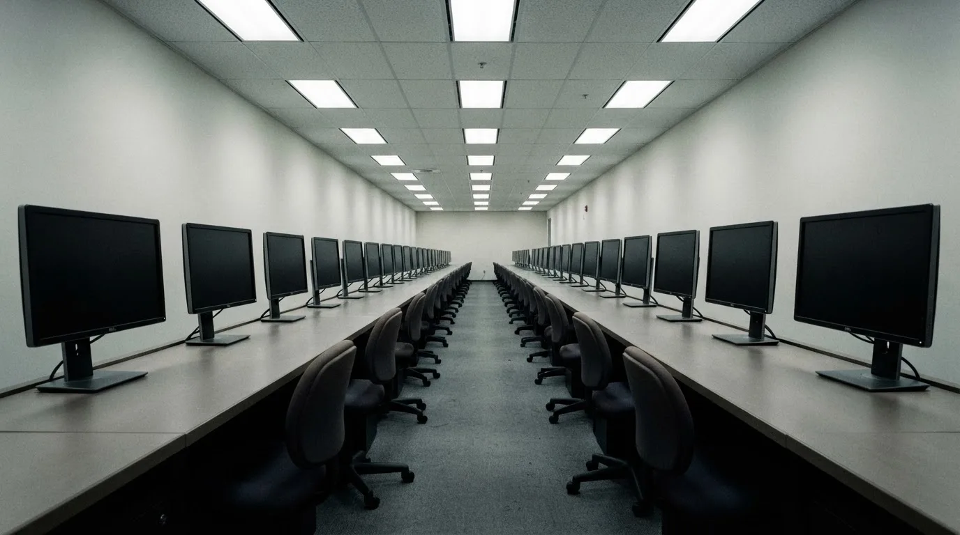 Une rangée d'écrans d'ordinateur éteints dans un bureau vide.