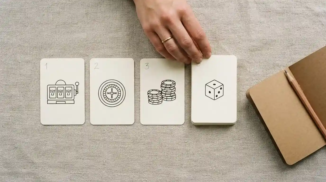 overhead flat-lay of a hand ranking printed casino logos on numbered cards on a desk