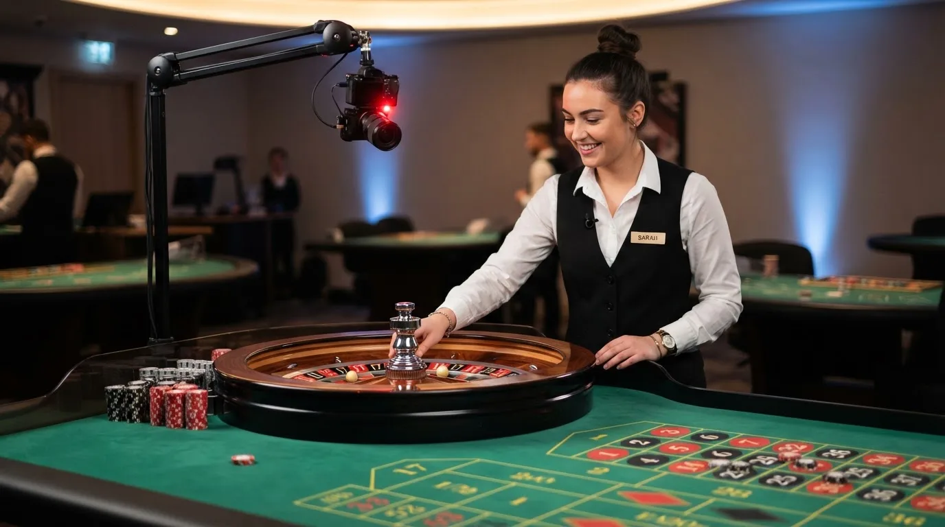 a live dealer standing at a roulette wheel under studio lighting, streaming camera visible above the table
