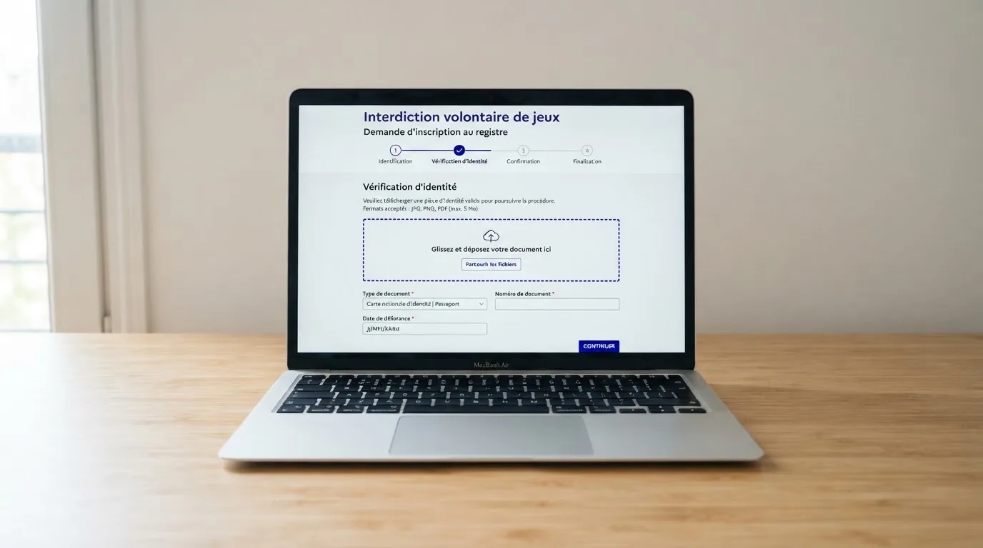 a laptop screen showing a government self-exclusion registration form with an identity-check step, no logos visible