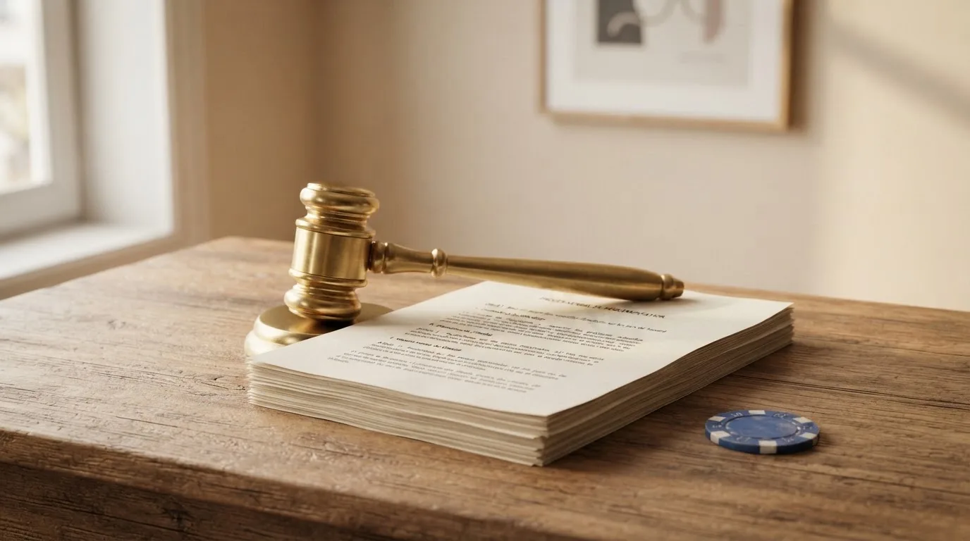 A gavel resting beside official regulatory documents on a wooden desk