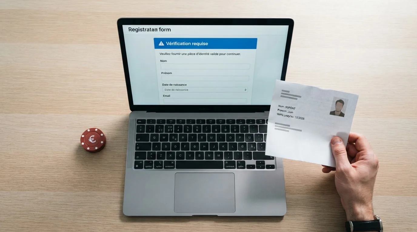 Close-up of a hand holding an identity document next to a laptop showing an online registration form