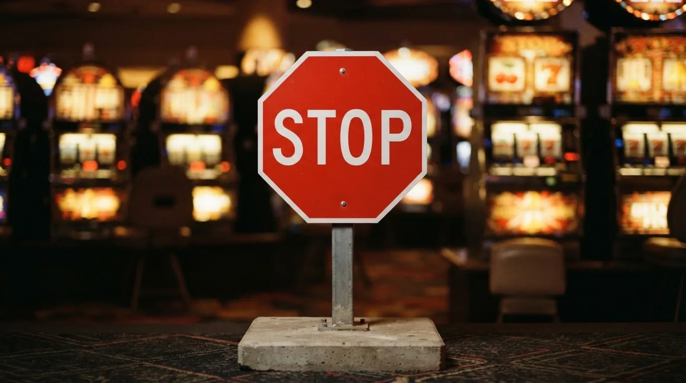 a red official-style stop/prohibition icon overlaid on a blurred casino slot-reel background
