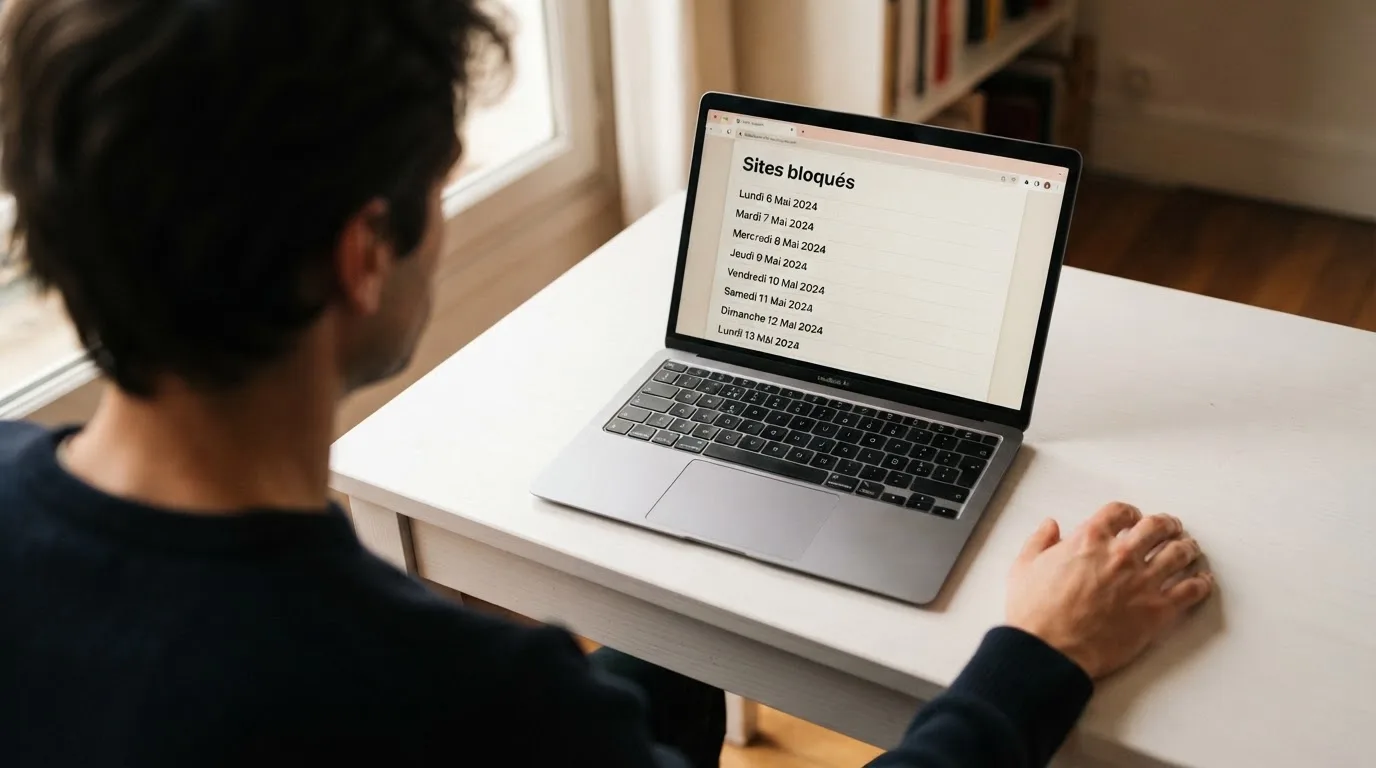 Une page de liste noire de sites bloqués affichée dans un navigateur, avec une colonne de dates