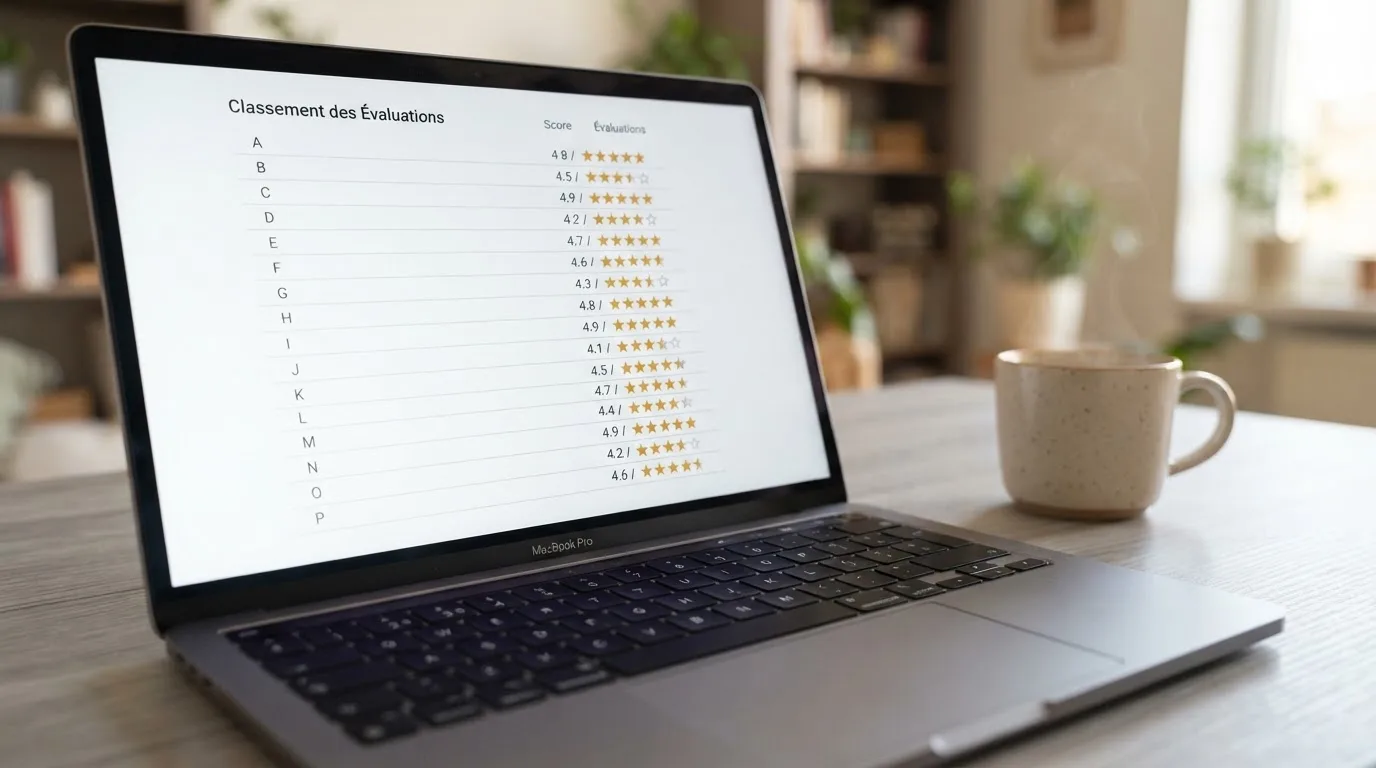 Liste de notes et d'étoiles affichée sur un écran, évoquant un classement d'applications sans nom de marque.