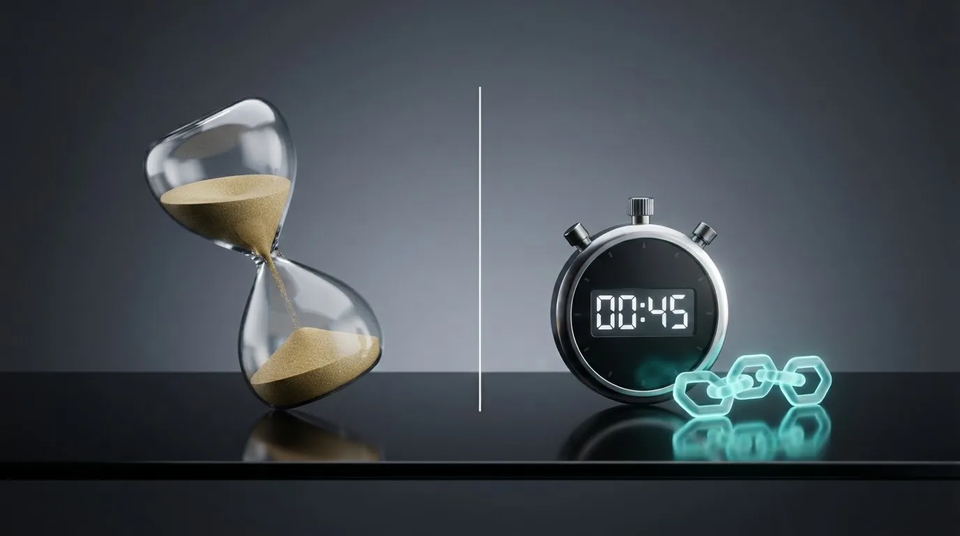 a split-screen graphic comparing a slow bank-transfer icon against a fast blockchain-transfer icon with a stopwatch