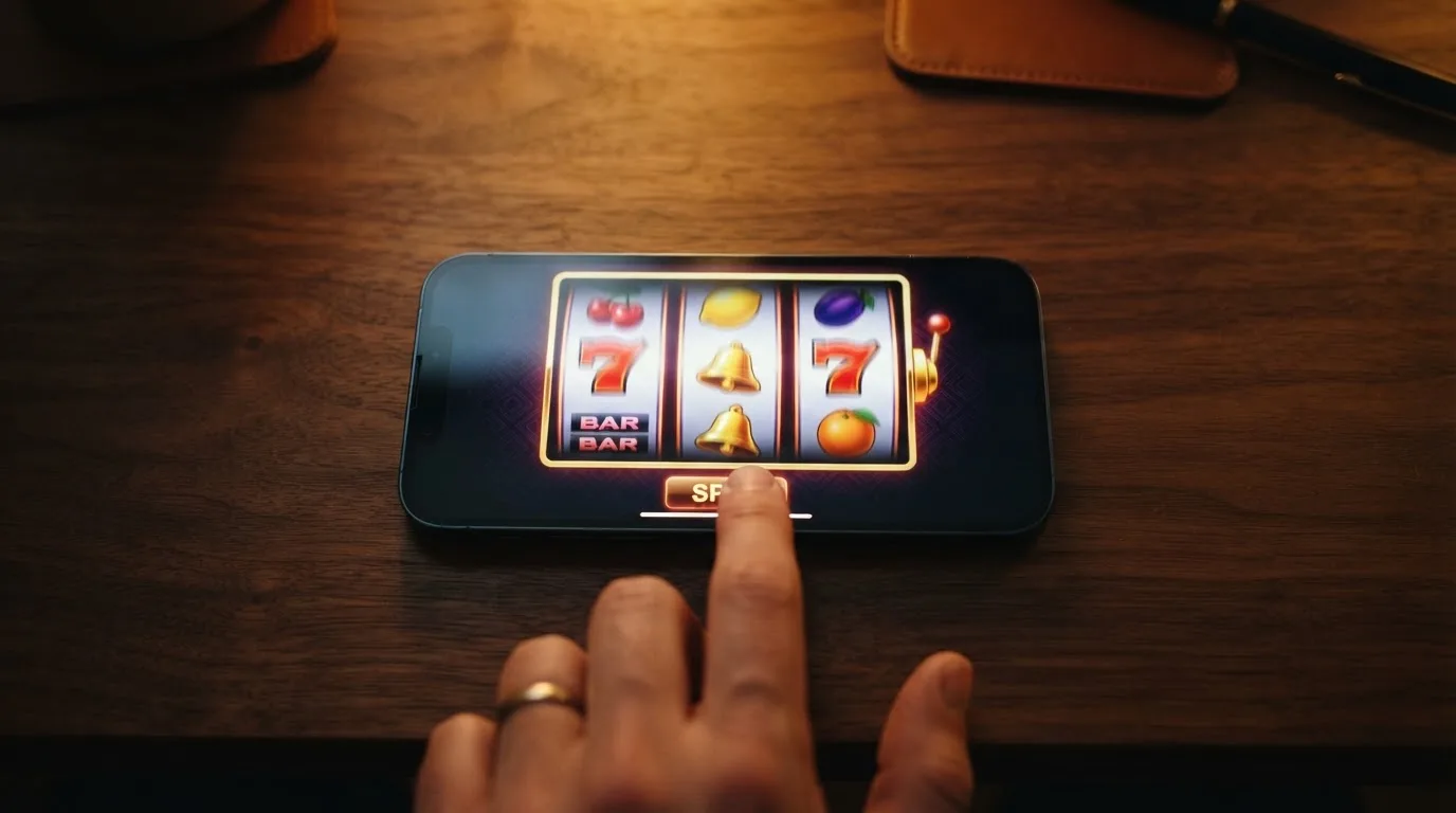 rouleaux d'une machine à sous en gros plan sur un écran de smartphone